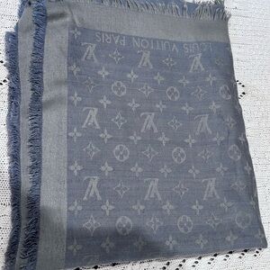 Louis Vuitton Powder Blue Monogram Cashmere Scarf Oversized 60 inches by 60 inch